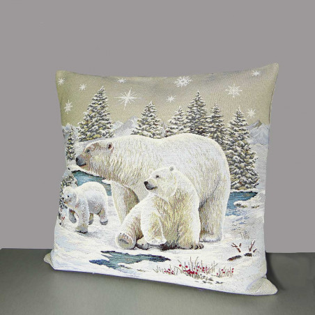 Winterlicher Gobelin-Kissenbezug Eisbärenfamilie 45x45 cm Winterlicher Gobelin-Kissenbezug Eisbärenfamilie 45x45 cm