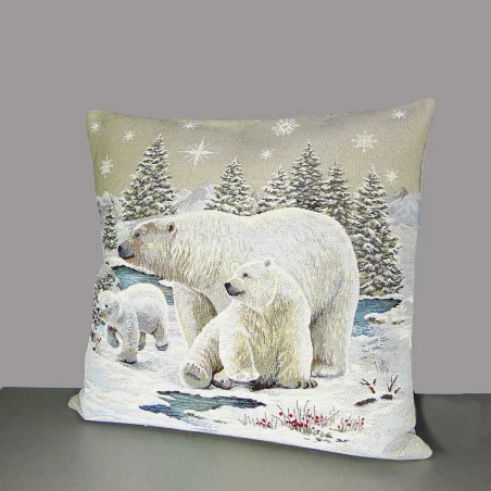 Winterlicher Gobelin-Kissenbezug Eisbärenfamilie 45x45 cm
