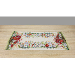 Hochwertiger Gobelin-Tischläufer „Mohnkorb“: Detailreiches Mohn- und Margeritenmotiv in stabiler Webstruktur. Strapazierfähig und langlebig – ideal für ein sommerliches Ambiente im Landhausstil.