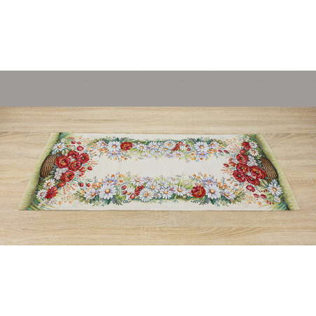 Hochwertiger Gobelin-Tischläufer „Mohnkorb“: Detailreiches Mohn- und Margeritenmotiv in stabiler Webstruktur. Strapazierfähig und langlebig – ideal für ein sommerliches Ambiente im Landhausstil.