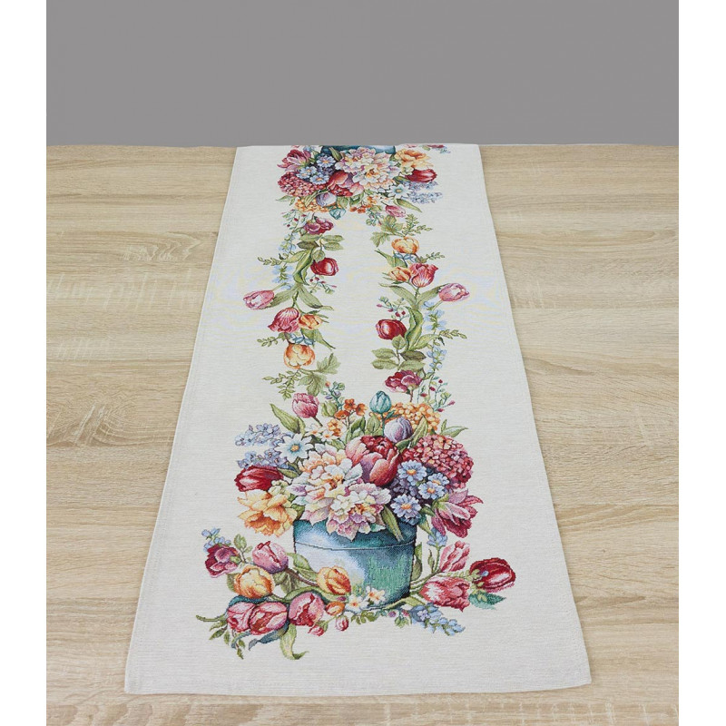 Frühlingshafte Gobelin-Tischläufer mit bunten Tulpen in Gießkannen. Die Tischwäsche aus dickem, stabilem Material ist langlebig und pflegeleicht. Perfekt als edle Geschenk-Idee für die Osterzeit.