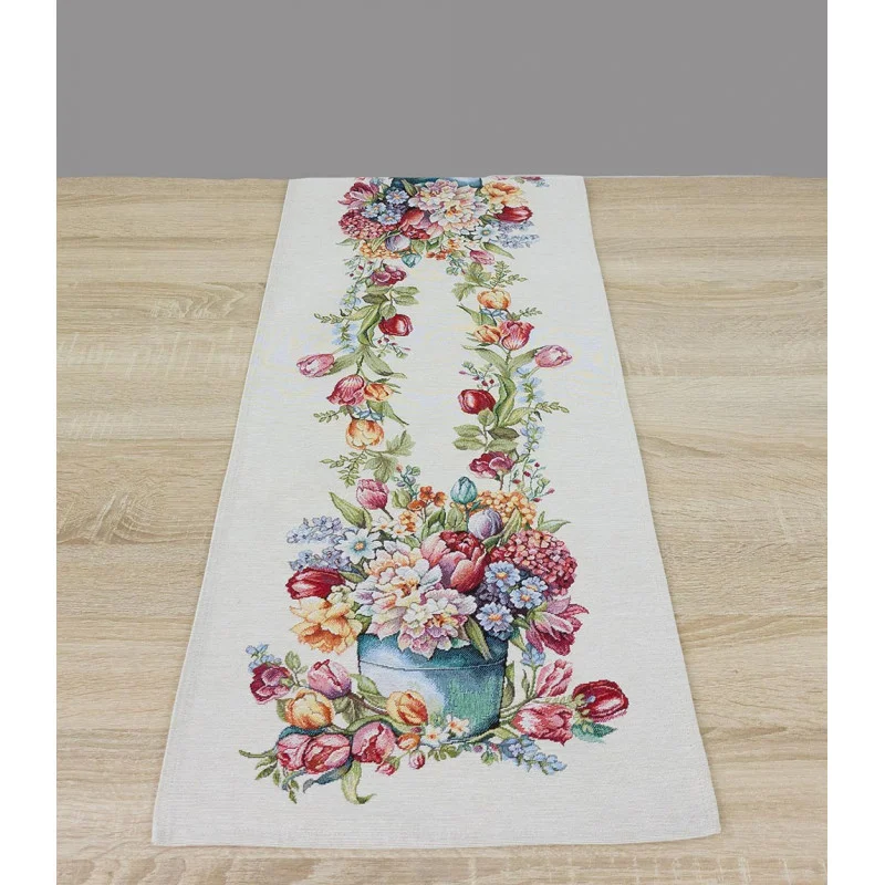 Frühlingshafte Gobelin-Tischläufer mit bunten Tulpen in Gießkannen. Die Tischwäsche aus dickem, stabilem Material ist langlebig und pflegeleicht. Perfekt als edle Geschenk-Idee für die Osterzeit.