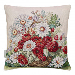 Gobelin-Kissen „Mohnkorb“: Roter Mohn & Margeriten beidseitig gewebt. Stabiles, langlebiges Material. Edles Dekokissen & Geschenk-Idee im Landhausstil.