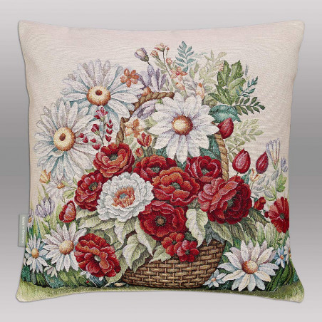 Dieses Design bringt strahlende Sommerwärme in jeden Raum. Das hochwertige Webmotiv zeigt einen rustikalen geflochtenen Korb, der prall gefüllt ist mit leuchtend roten Mohnblumen und kontrastreichen weißen Margeriten.