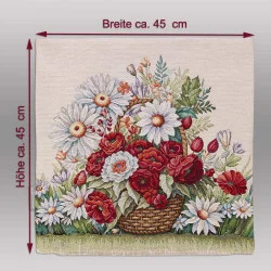 Gobelin-Kissen „Mohnkorb“: Roter Mohn & Margeriten beidseitig gewebt. Stabiles, langlebiges Material. Edles Dekokissen & Geschenk-Idee im Landhausstil.