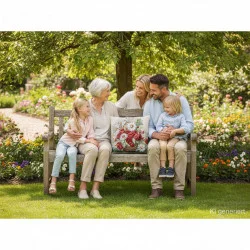 Das Bild zeigt eine Familie im Garten auf einer Holzbank in dessen Mitte das Gobelinkissen Mohnkorb platziert ist.