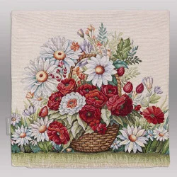 Gobelin-Kissen „Mohnkorb“: Roter Mohn & Margeriten beidseitig gewebt. Stabiles, langlebiges Material. Edles Dekokissen in 45 x 45 cm