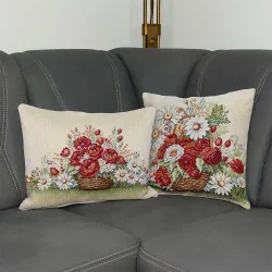 Beide Gobelin-Kissen „Mohnkorb“: Roter Mohn & Margeriten beidseitig gewebt. Stabiles, langlebiges Material. Edle Dekokissen auf dem Sofa