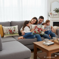 Das Bild zeigt eine Familie im Wohnzimmer auf einem Sofa in dessen Mitte die beiden Gobelinkissen Mohnkorb platziert ist.