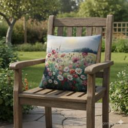 Das Kissen Flora auf einem Holzstuhl in einem Garten.