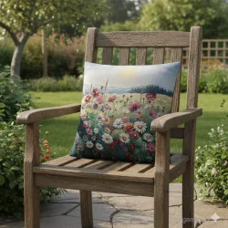 Das Kissen Flora auf einem Holzstuhl in einem Garten.