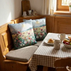 zwei kissen Flora auf einer Eckbank aus Holz platziert.