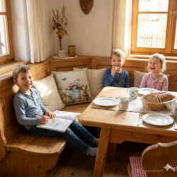 Lachende Kinder sitzen auf ener Holzeckbank, auf der eine niedliches Osterkissen mit Hasen und Blumen platziert ist.