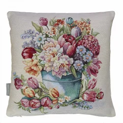 Dieses Kissen in der Größe 45x45 cm bringt mit den vielen bunten Tulpen Farbe und Freude in jeden Raum.