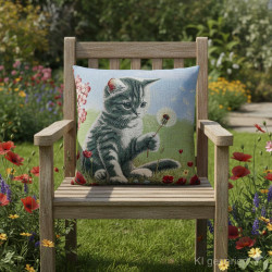 Bringen Sie mit unserem Kissenbezug "Mieze" den Charme verspielter Eleganz in Ihr Wohnzimmer. Das detailreiche Motiv zeigt eine neugierige Katze (Mieze) auf einer Blumenwiese, die behutsam nach einer Pusteblume greift.Hier ist das Kissen auf einenHolzstuhl im Garten platziert.