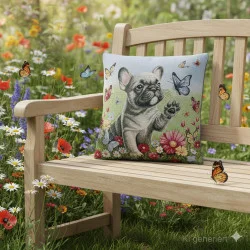 Das Kissen Kleine Buldogge wurde hier auf eine Holzbank auf einer Blumenwiese platziert.
