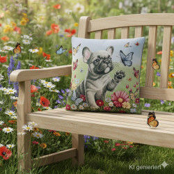 Das Kissen Kleine Buldogge wurde hier auf eine Holzbank auf einer Blumenwiese platziert.
