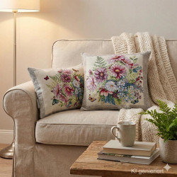 Die beiden Kissen mit dem lila Schmuckkörbchen wurden hier zusammen euf einem beigen Sofa arrangiert.