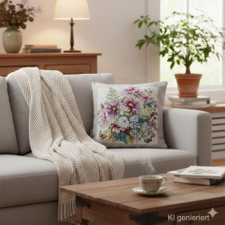 Ein gemühliches Sofa mit dem quadratischen Zierkissen Schmuckkörbchen. Das detailreiche Webmotiv zeigt einen prachtvollen Strauß aus zarten Schmuckkörbchen in Pink und Weiß, ergänzt durch filigrane Farne und flatternde Schmetterlinge.