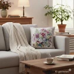 Ein gemühliches Sofa mit dem quadratischen Zierkissen Schmuckkörbchen. Das detailreiche Webmotiv zeigt einen prachtvollen Strauß aus zarten Schmuckkörbchen in Pink und Weiß, ergänzt durch filigrane Farne und flatternde Schmetterlinge.