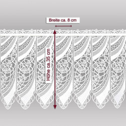 Die kleine weiße Spitzegardine Malu mit Massangaben.