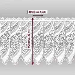 Die kleine weiße Spitzegardine Malu mit Massangaben.