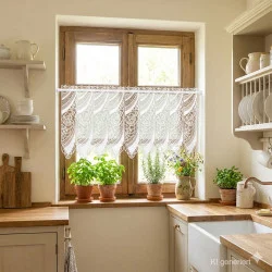 Verschönern Sie Ihre Fenster mit der edlen Plauener Spitze Scheibengardine Malu. Filigrane Luftspitze-Stickerei in Weiß wurden hier an ein Küchenfenster dekoriert.