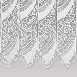 Detailbild der Plauener Spitzengardine Malu in 55 cm Höhe in cremeweiß auf einem grauen Hintergrund.