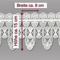Charmante Plauener Spitzengardine Ally in weiß 15 cm hoch mit Massangaben.
