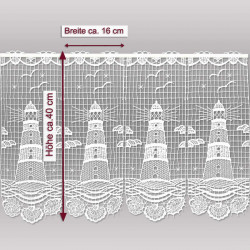 Maritime Plauener Spitzengardine Leuchtturm Weiß | Scheibengardine 40 cm hoch | Edle Kurzgardine mit Stickerei & Muscheln