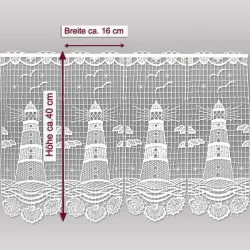 Maritime Plauener Spitzengardine Leuchtturm Weiß | Scheibengardine 40 cm hoch | Edle Kurzgardine mit Stickerei & Muscheln