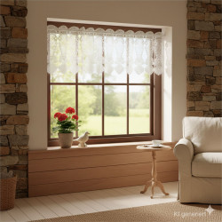 Im Wohnzimmer am Fenster: Transparente Scheibengardine aus naturweißer Plauener Spitze im gemütlichen Landhausstil. 33 cm hoch