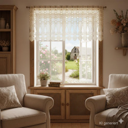 Plauener Spitze Scheibengardine Astrid Natur | Moderne Kurzgardine 33, 40 & 50 cm hoch | Edle Stickerei Made in Germany