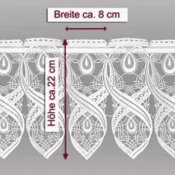 Elegante weiße Spitzengardine Bella mit Massangaben.