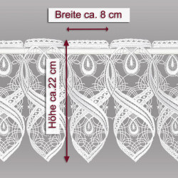 Freigestellte Plauener Spitze Kurzgardine mit Maßangaben: Höhe ca. 22 cm und Breite ca. 8 cm.