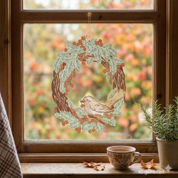 Das Fensterbild Vogel mit Beeren wurde hier an ein kleines Holzfenster dekoriert.