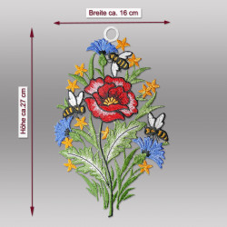 Plauener Spitze Fensterbild Mohnblume mit Bienen | Bunte Fensterdekoration & Spitzenbild | Luftspitze | Made in Germany