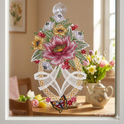 Plauener Spitze Fensterbild Pfingstrose mit Schmetterling  im fenster