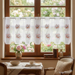 Plauener Spitze Scheibengardine Mohnblüten | Moderne Kurzgardine mit Blumen-Stickerei | 35 & 55 cm Höhe | Made in Germany