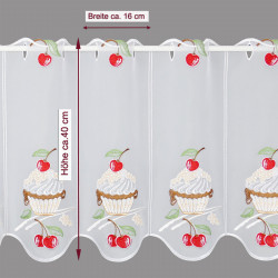 Modern bestickte Küchengardine Kirsch-Cupcake in 40 cm Höhe mit Massangaben.