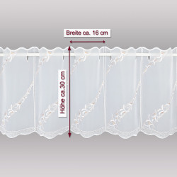 Die Plauener Spitze Kurzgardine Ayda in 30 cm Höhe mit moderne Ranken-Stickerei in Weiß-Hellbraun wurde hier mit einem grauen Hintergrund dargestellt und mit Massangaben versehen.