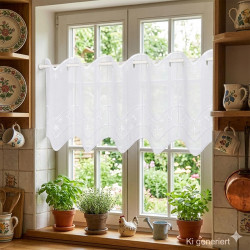 Die Kurzgardine Mila in 30 cm Höhe wurde an ein helles Fenster in einer ländlich dekorierten Küche dekoriert.