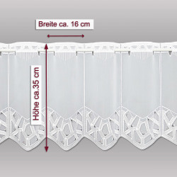 Modern bestickter Kurzstore Dana  35 cm hoch auf grauem Hintergrund mit Massangaben.