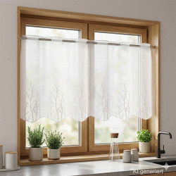 Modern bestickte Bistrogardine Alina 55 cm hoch an einem dunklen Küchenfenster.