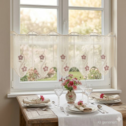 Hier hängt die Scheibengardine Lucia in 30 cm Höhe an einem weißen Holzfenster. Davor steht ein schön gedeckter Tisch.