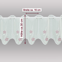 die sektfarbene Scheibengardine, bestickt mit roten Blüten in 30 cm Höhe auf grauem Hintergrund mit Massangaben