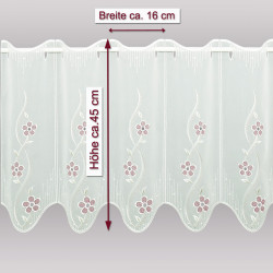 die sektfarbene Scheibengardine, bestickt mit roten Blüten in 45 cm Höhe auf grauem Hintergrund mit Massangaben