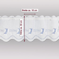 Maritime Stickerei-Scheibengardine Am Meer in blau-weiß 30 cm hoch auf grauem Hintergrund mit Massangaben.