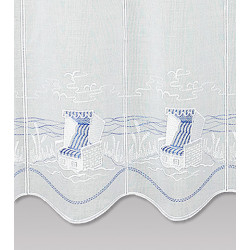 Plauener Spitze Scheibengardine Am Meer blickdicht – Maritime Stickerei Kurzgardine Blau-Weiß, Höhe 30/45/55 cm