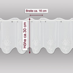 Stickerei-Scheibengardine Alegra mit Blütenstickerei in weiß-silber-taupe  30 cm hoch auf grauem Hintergrund mit Massangaben